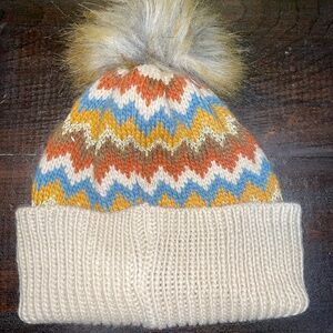 Zara Kids Knit Winter Cuffed Pom Pom Chevron Beige Beanie Hat